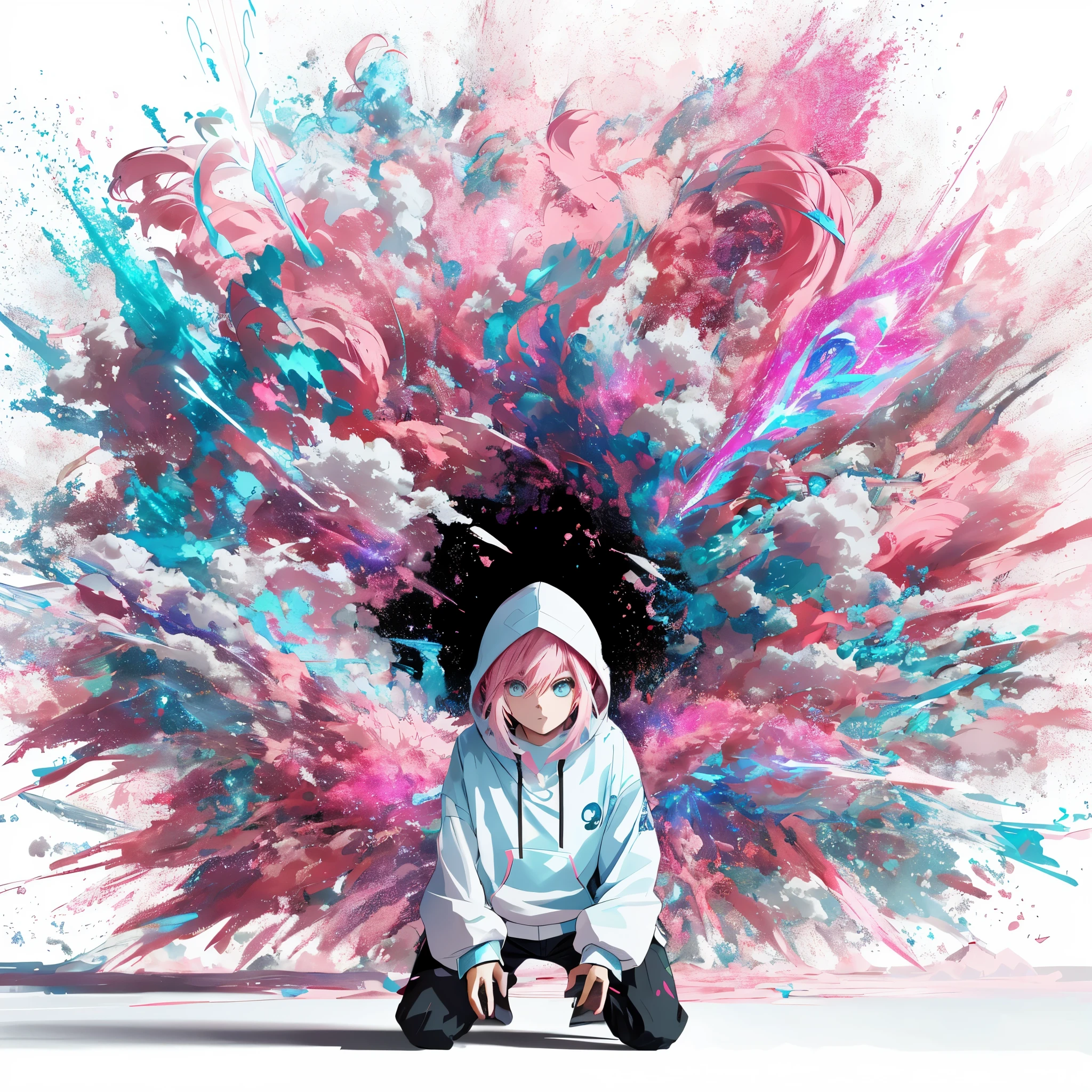 “Create a dynamic and intense anime-style illustration. Depict a girl with vibrant pink hair in mid-action, surrounded by a whirlwind of magical energy. She should be in a dramatic pose, holding a futuristic weapon that radiates a spiral of bright blue energy. Her wild, flowing hair should reflect shades of pink, matching the energy bursts from her weapon. The background should appear as a blur, symbolizing the impact of her attack, with luminous blue and pink streaks representing the chaotic aftermath.”