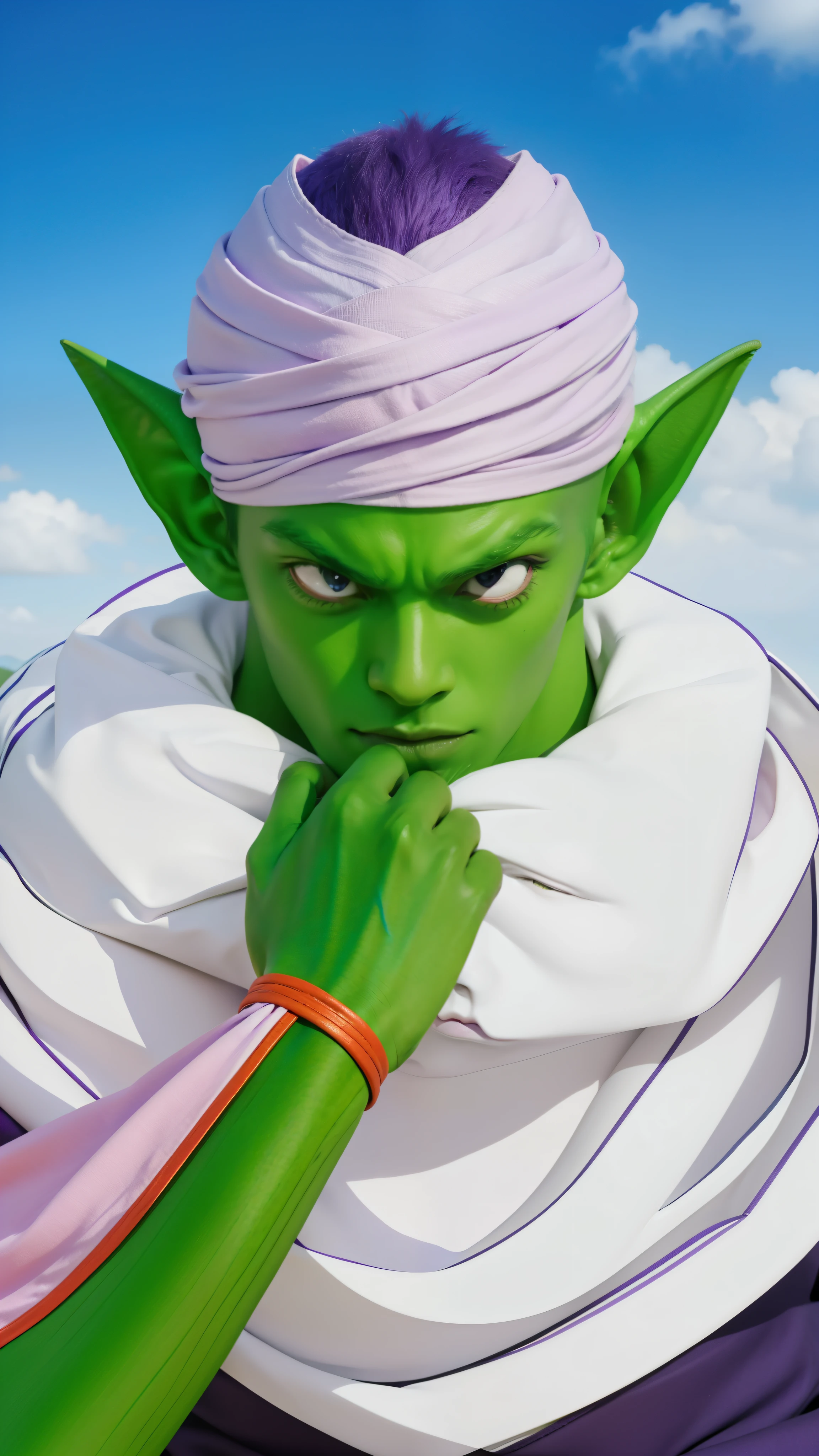 Real life adaptation of this character, his name is piccolo, pointy ears, (purple dougi), green skin, oni horns, purple pants, closed mouth, looking towards the viewer, ((bald)), arms at sides, pink patches, eyes black, blue sash, realistic background from Japanese animation, handsome face, realistic clothes with green skin, realistic light, realistic shadows, realistic background, (photorealistic: 1.2), realistic hands