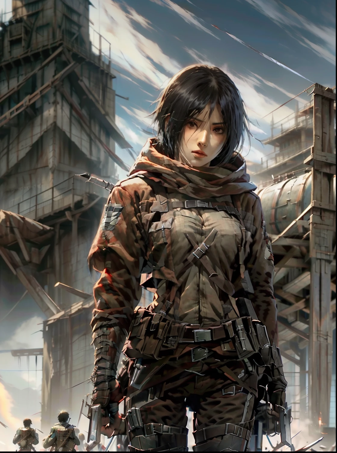 a close up of a person holding a sword and a barrel, mikasa ackerman, from attack on titan, (attack on titans anime), in attack on titan, female protagonist 👀 :8, attack on titan anime style, attack on titans, shingeki no kyojin, female anime character, attack on titan, attack on titan covert art, female action anime girl,Attack on Titan heroine Mikasa Ackerman,with short black hair,Short hair,warrior combat uniform,black color hair,Short hair