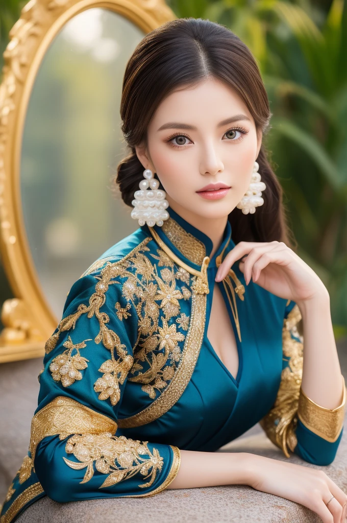 a woman in a white and gold cheongsam, intricate, sitting on a rock, sexy, elegant full body, Dark long brown hair, Super fine face, Fine eyes, Blue eyes, Double eyelids, (Pearl earrings:1.2), Highly Detailed Skin Texture, Golden ratio, gorgeous Chinese model, beautiful oriental woman, beautiful goddess, beautiful Asian girl, beautiful Spanish woman, royal elegant pose, gorgeous lady, classy, the appearance of the hourglass, Flower background:1.4), (Colorful:1.1) highest details, HDR