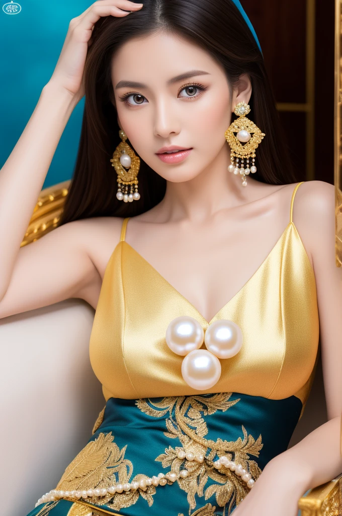 a woman in a white and gold cheongsam, intricate, sitting on a rock, sexy, elegant full body, Dark long brown hair, Super fine face, Fine eyes, Blue eyes, Double eyelids, (Pearl earrings:1.2), Highly Detailed Skin Texture, Golden ratio, gorgeous Chinese model, beautiful oriental woman, beautiful goddess, beautiful Asian girl, beautiful Spanish woman, royal elegant pose, gorgeous lady, classy, the appearance of the hourglass, Flower background:1.4), (Colorful:1.1) highest details, HDR