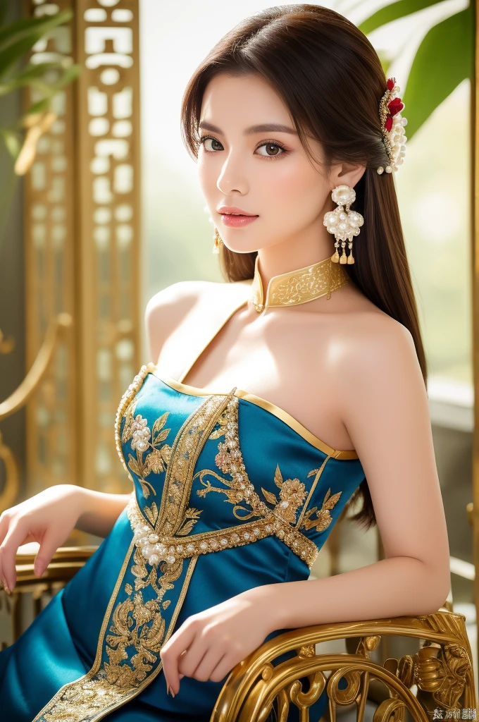 a woman in a white and gold cheongsam, intricate, sitting on a rock, sexy, elegant full body, Dark long brown hair, Super fine face, Fine eyes, Blue eyes, Double eyelids, (Pearl earrings:1.2), Highly Detailed Skin Texture, Golden ratio, gorgeous Chinese model, beautiful oriental woman, beautiful goddess, beautiful Asian girl, beautiful Spanish woman, royal elegant pose, gorgeous lady, classy, the appearance of the hourglass, Flower background:1.4), (Colorful:1.1) highest details, HDR