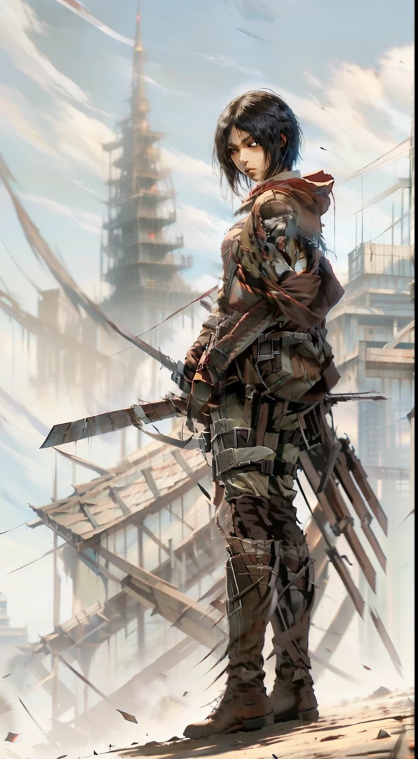 a close up of a person holding a sword and a barrel, mikasa ackerman, from attack on titan, (attack on titans anime), in attack on titan, female protagonist 👀 :8, attack on titan anime style, attack on titans, shingeki no kyojin, female anime character, attack on titan, attack on titan covert art, female action anime girl,Attack on Titan heroine Mikasa Ackerman,with short black hair,Short hair,warrior combat uniform,black color hair,Short hair