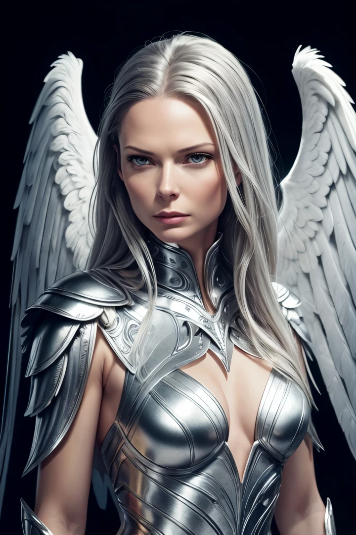 silver haired angel with rebecca ferguson face, silver eyes, grey feathered angel wings, wearing revealing golden armor, slim, lithe, sad, pensive, dark background