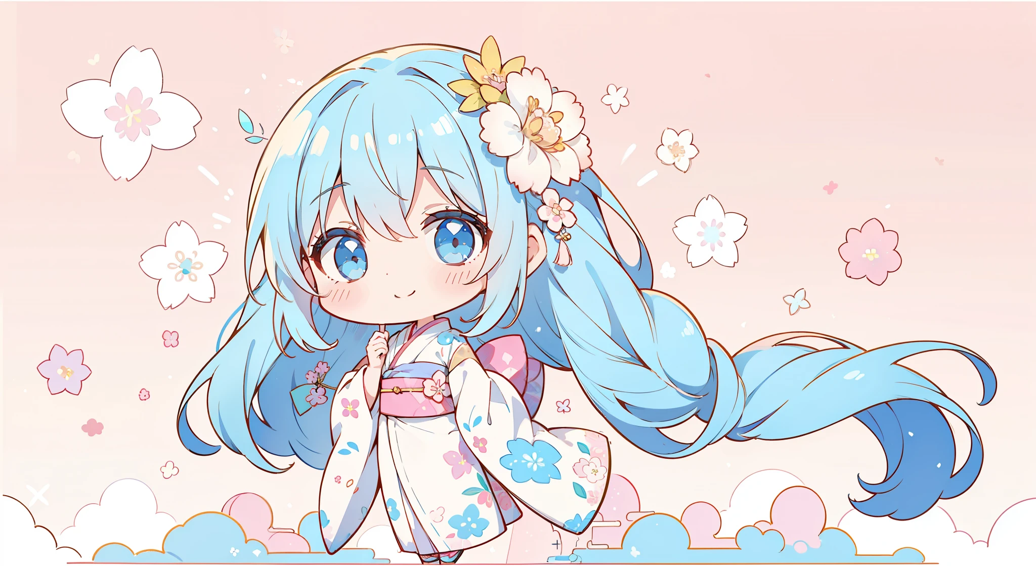 ​masterpiece, top-quality, 1girl in, full body Esbian、shorth hair、Pink and light blue Japanese kimono、a smile、New Year、(Pastel background:1.2), Patterned cloud and flower background、 (cute background:1.2)