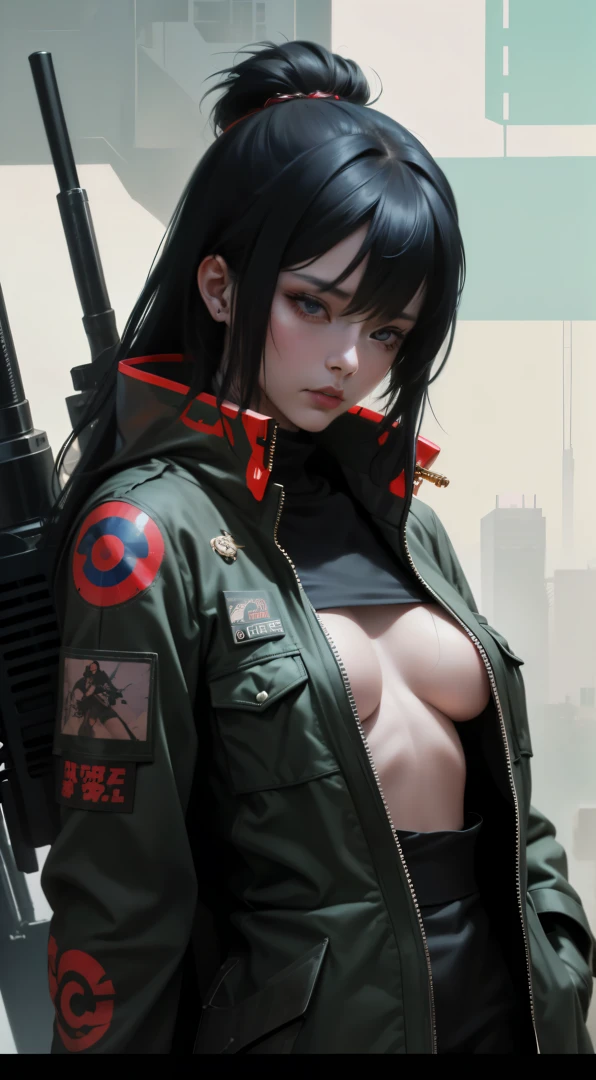 poster,dramatic scene,Cinematic scene,Takashi Murakami,Pop Culture Art,Detailed tattoos,Manga,Female NSFWorg,Long jacket,SM Queen,mechanical design tattoo,Erotic,sadistic queen,sniper,Erotic Posing,fantrome,,kawaii,Stylish,,busty, Pubic hair,Glamour,Pop colors,Psychedelic Costume,Dynamic Angle,Cinematic scene,Armored,Cyberpunk dystopian girl,Fantastic Dystopia,Dystopian landscape,bladerunner,Ghost in the Shell,Photorealistic,Psychedelic and colorful tones,Posing,armaを構えて,guns,armasutepiece,ultimate detailed,8K,Detailed background