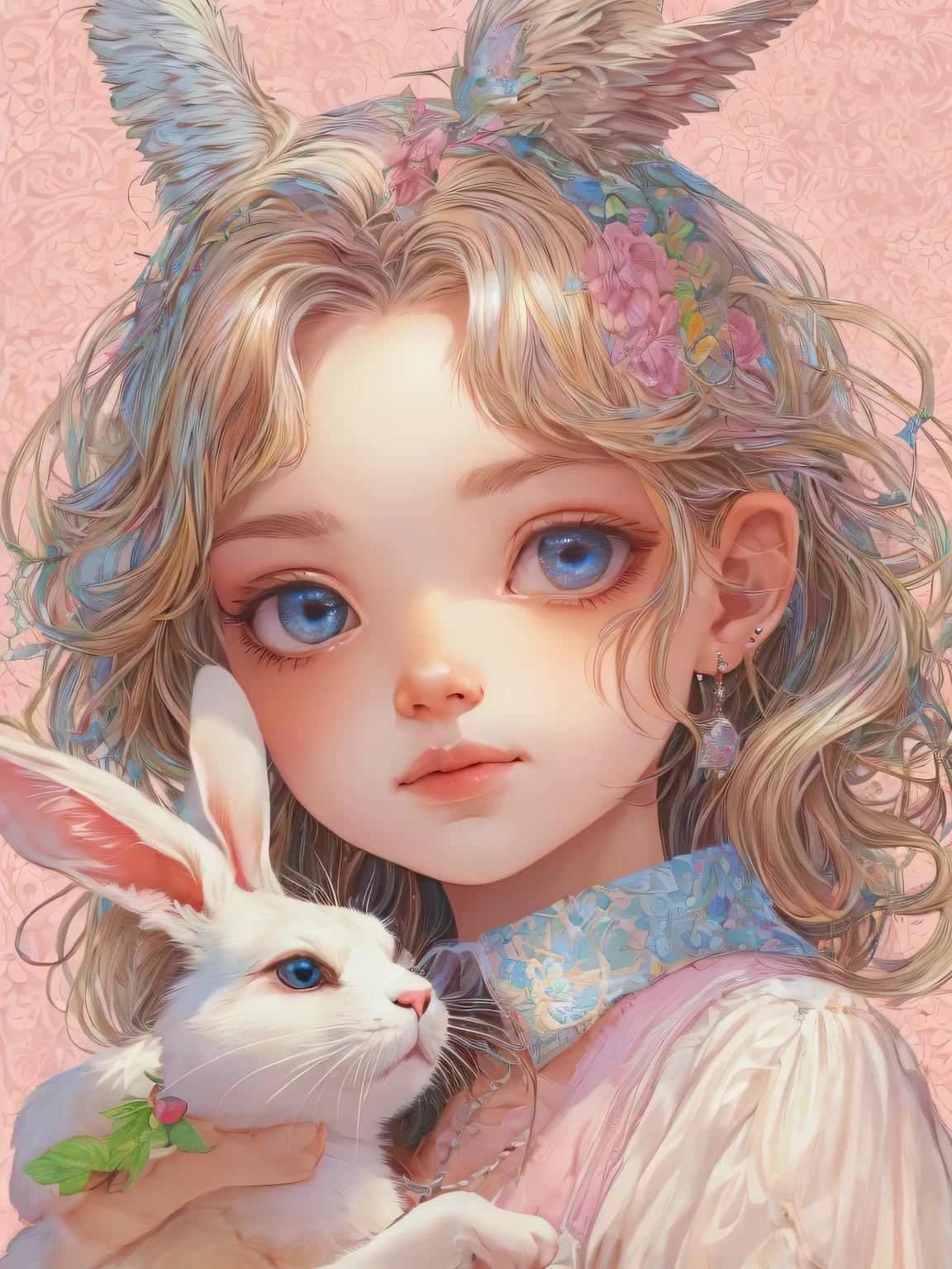 (masutepiece, Best Quality), girl playing with a beautiful rabbit、profile、Clean hair ornament, enticing, big gorgeous eyes, (Detailed eyes, Eyes Like Gems, Sparkling eyes:1.3) , Soft smile, perfect slim fit body, Pink sky, (plein air), Bright colors, (Risograph)