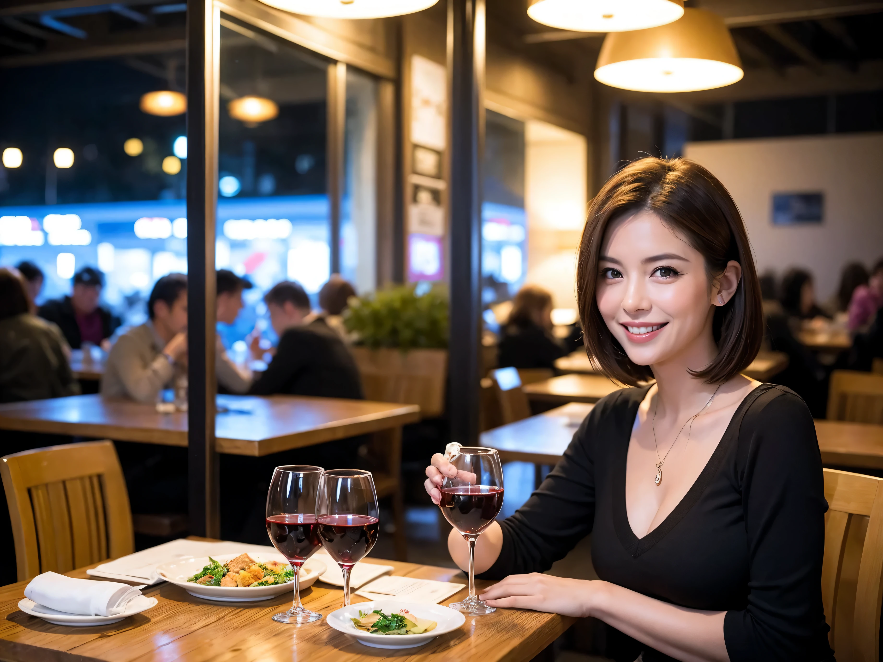 (64k uhd, nffsw, of the highest quality, masutepiece: 1.2), (Realistic, Photorealistic: 1.37), Pretty Woman 1, (Slim Face), (slimボティ), (Brown hair), (short-cut), Dutchman、Americana、Frenchman、cheeks blush a little, (40 years old), 38 years, Solo, A beautiful and detailed night view spreads out outside the window.........., restaurant, wine glassesに座って, At night, In a prominent place (from waist up) NovaFrogStyle, actress, Model, waist-up, white wine, slim, wine glasses, Super clean night view, 真ん中に置かれたwine glasses, Happy smile, (Smile: 1.15), Beautiful fine eyes, Upper body, Bust Japan Up, Night, Short, Short, actress, Model, waist-up, white wine, slim, wine glasses, Super clean night view, 真ん中に置かれたwine glasses, Happy smile,