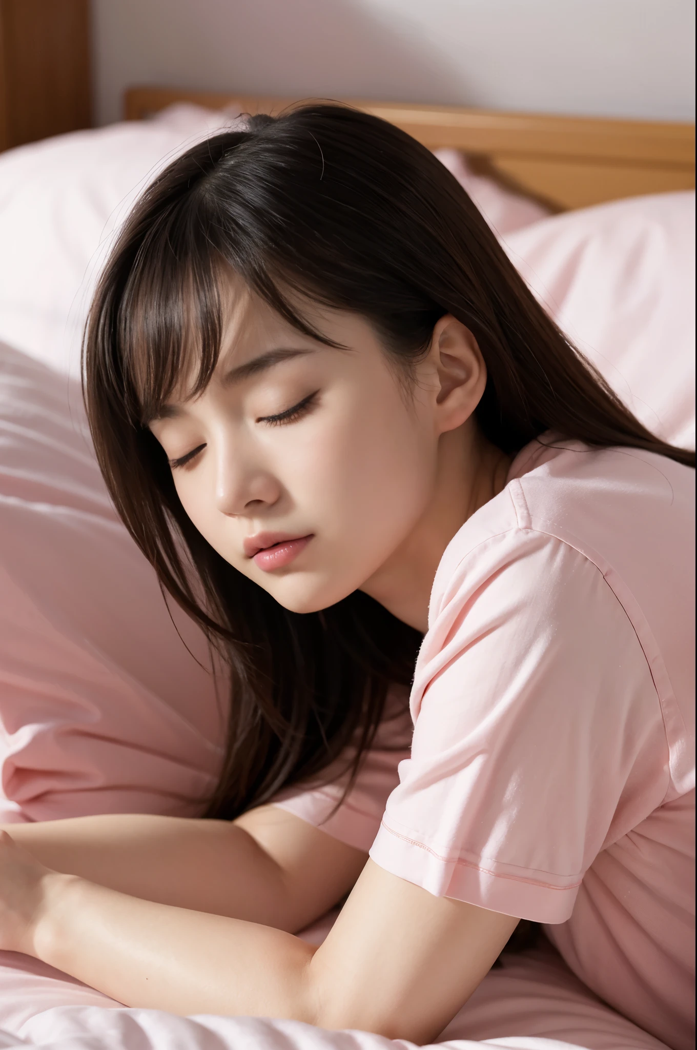 ​masterpiece, top-quality、Raw foto, Photorealsitic、1womanl、12year old、bedroom、Pink pajamas、Lying in bed、Eyes closed、unbelievable Ridiculous、depth of fields, hight resolution, ultra-detailliert, foco nítido, Cinematic lighting