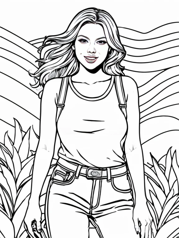 Taylor swift holding a guitar, line art, Black outline, white background,