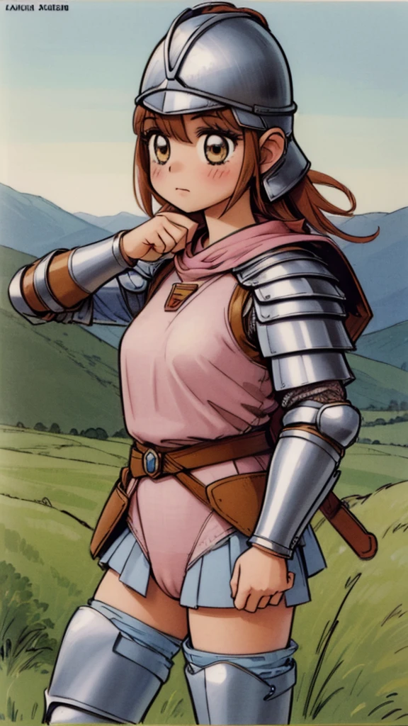 (1girl:1.4), masterpiece, best quality, best detail, best proportion, best anatomy, best face, blush, best shaped breasts, very huge breasts, (10 year old japanese lowteen:1.3), half body shot, ((wearing european soldier's armor and full helm):1.5), cameltoe, blush, battlefield (background),