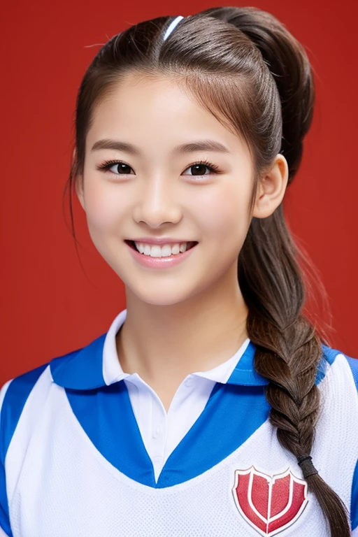 top-quality、​masterpiece、hight resolution、4K、real 18 year old woman、Volleyball Uniforms、a smile、Hairstyle is ponytail、1girl in、