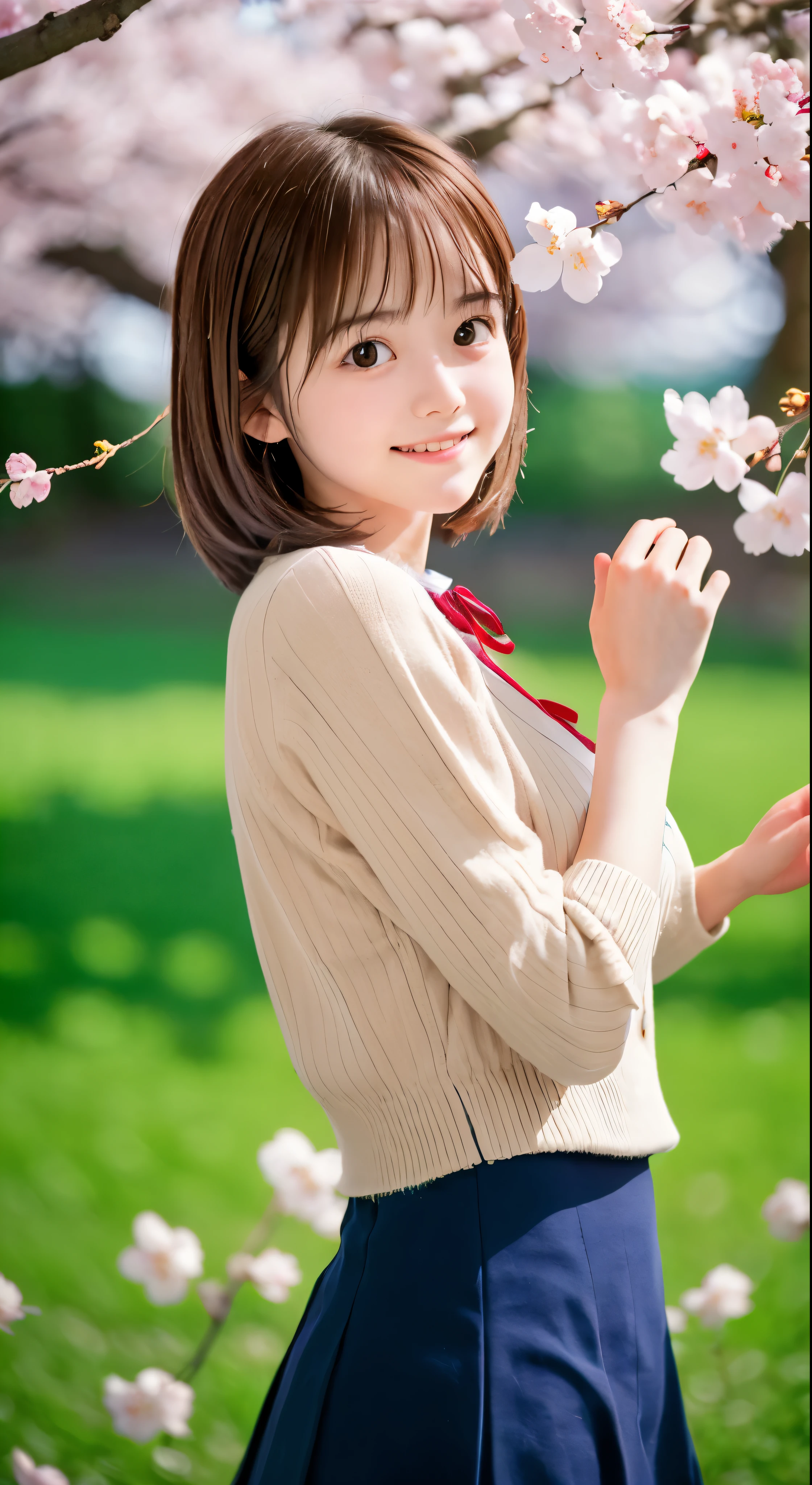 (With girls wearing colorful spring sweaters, Shirts, and skirts、Close up low angle shot of round face with short brown hair and slender small breasts :1.5)、(girl dancing with a small smile、the hair flutters with the wind :1.5)、(A row of cherry blossom trees in full bloom near the sea:1.5)、(Blurry background,:1.5)、(Perfect Anatomy:1.3)、(No mask:1.3)、(complete fingers:1.Phototriaritic、Photography、masutepiece、top-quality、High resolution, delicate and pretty、face perfect、Delicate and beautiful air skin around the eyes、Real Human Skin、((thin legs))