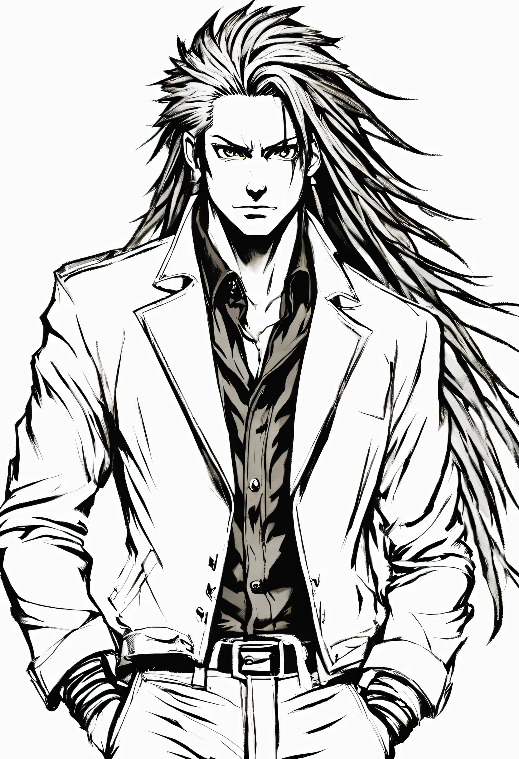 Jovem de pele escura com olhos azuis e uma jaqueta preta, dreadlocks azuis claros, cabelo estilo dreadlock, em estilo anime, colorful sketch, conceito de personagem irrealista, Retrato do conceito do personagem de mim, retrato detalhado do caractere, personagem estilo anime, retrato estilo anime, um retrato de personagem, cel - estilo de arte sombreado, Seu traje consiste em um preto, Unbuttoned blazer with gold buttons on the front of the blazer and the bottom of the sleeves and he wears a white V-neck shirt, white pant, um grande cinto preto com uma fivela de ouro, um faixa preta menor que fica solta na lateral do quadril, e tem em sapatos bronzeados com fivelas pretas, inspirado em King of Fighters