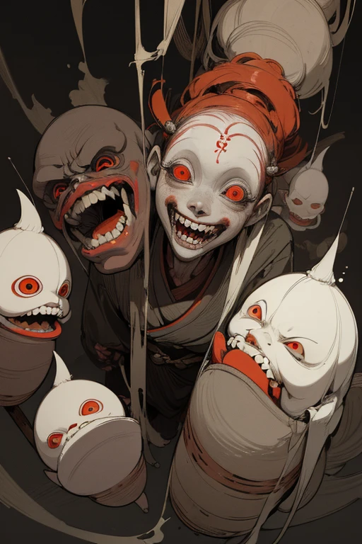 black background, ((yokai)), Chojugiga, Shihon Bokuga, full body, (Clear), (obvious), (masterpiece), (high resolution), (super delicate), (8k), rough sketch, anthropomorphism, Sumi-e, Japanese painting, flat illustration, eerie, horror elements, eerie worldview, (primitive art), old picture scroll style, old staging, Ancient mural style, Outline warm color, horror elements, Crazy illustrations, antique, Dark atmosphere, doll-like face, horror factor, Crazy smile, spooky look, personification of junk, Distinctive hair style, Creative accessories, individualistic atmosphere
