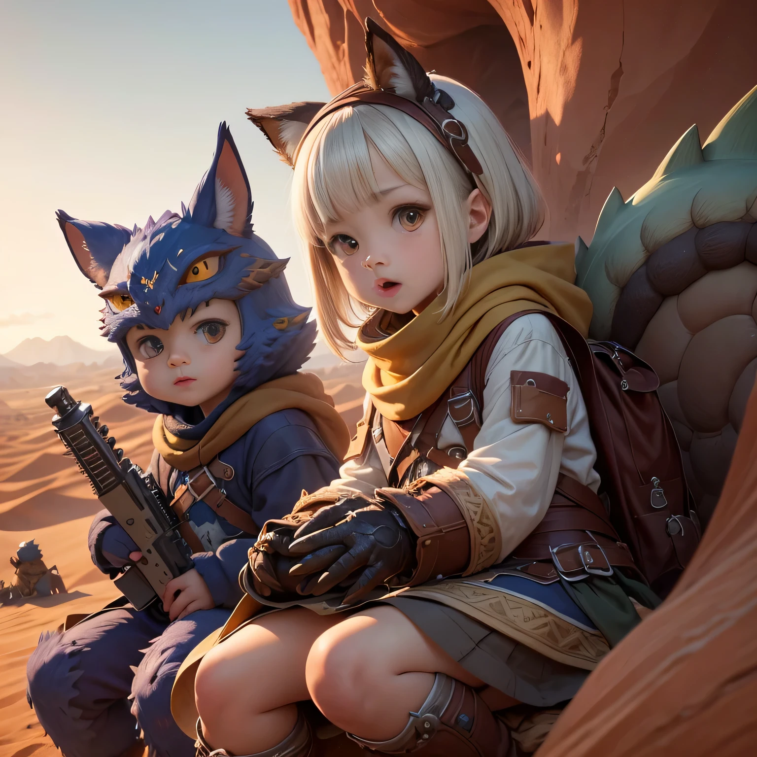 超A high resolution、An ultra-high picture quality、8K、Detailed details、marvelous expression、Lots of kids、many small, A comical and cute monster becomes your friend....、everyone is playing together、Monster Hunter Character Costumes、Vast desert background、