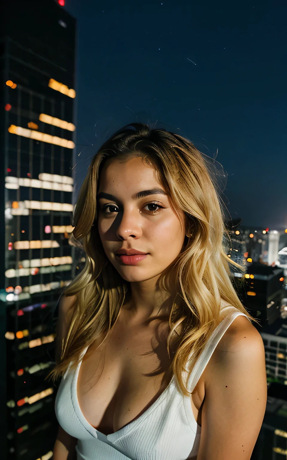 latina girl, 24 years old, blonde hair, on top of a skyscraper at night, glowing light