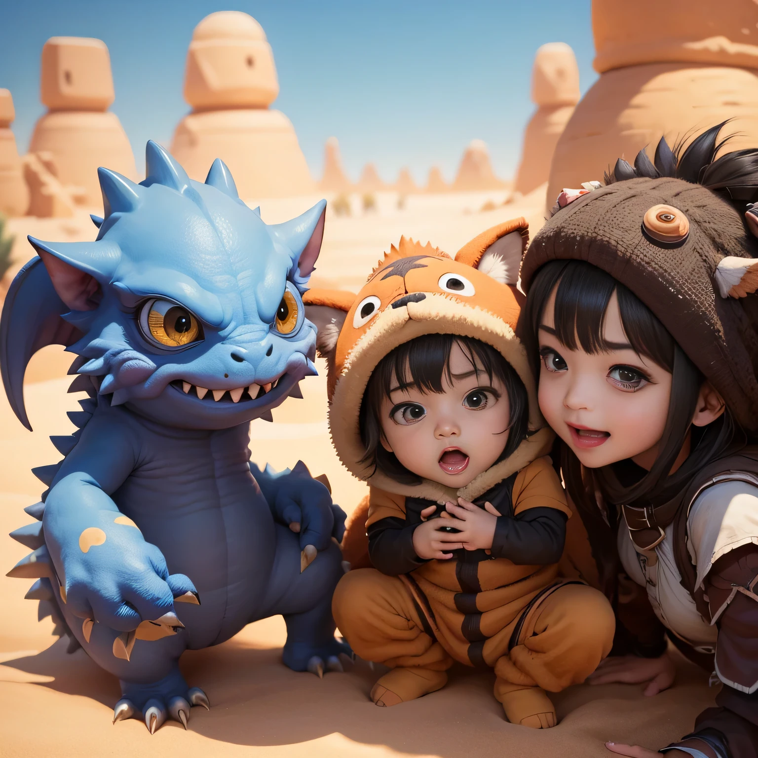 超A high resolution、An ultra-high picture quality、8K、Detailed details、marvelous expression、Lots of kids、many small, A comical and cute monster becomes your friend....、everyone is playing together、Monster Hunter Character Costumes、Vast desert background、