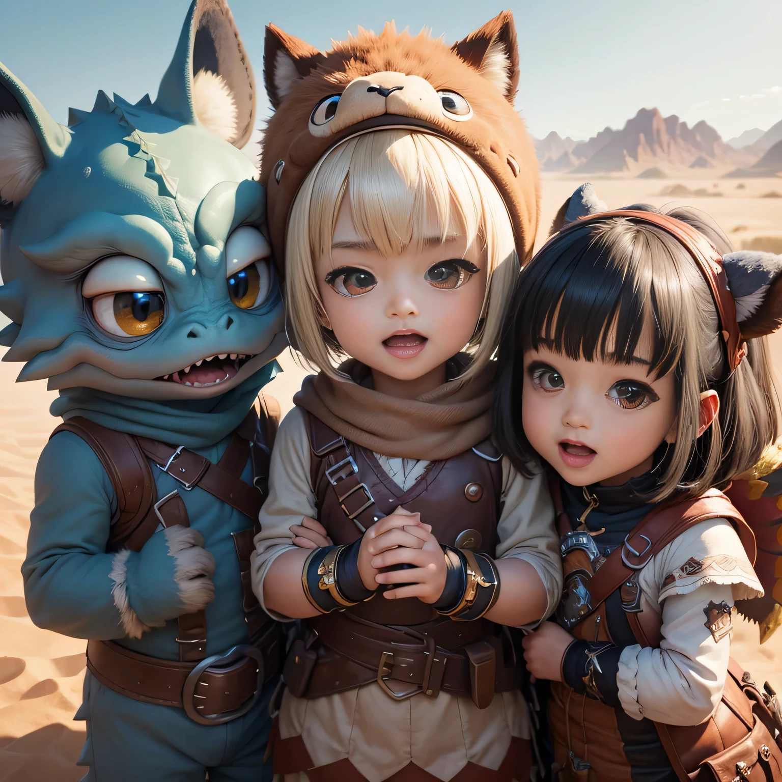 超A high resolution、An ultra-high picture quality、8K、Detailed details、marvelous expression、Lots of 、many small, A comical and cute monster becomes your friend....、everyone is playing together、Monster Hunter Character Costumes、Vast desert background、