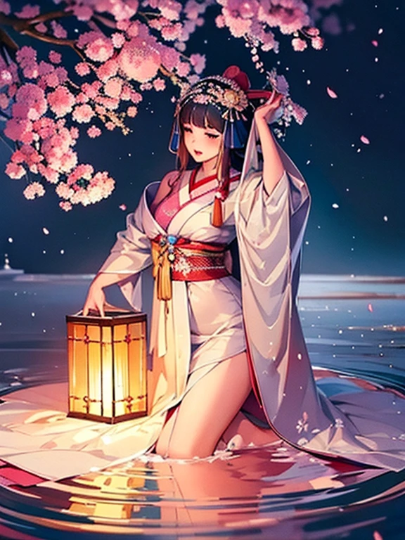 loose outfit、Show shoulders、壊れたsee -through着物の着方、Decorated with intricate patterns and bright colors、Transparent material that makes the skin shine、Artistic depiction of seductive woman in kimono with wet thin cloth and transparent skin, 流れるような絹のような伝統的なsee -through肌を持つ花柄で幻想的なパターン。Her dress draped elegantly around her curvaceous figure、Emphasizes her charming silhouette。She's a gentle fireworks night、Dynamic Posing、A sexyポージング、bathed in the soft glow of moonlight。The scene is、With a hint of mystery and sensuality、It exudes an ethereal dreamy atmosphere。The image style is、Incorporates a blend of watercolor and digital illustration techniques.、It makes you feel delicate beauty and charm。Soft moonlit lighting、Cast gentle highlights and shadows on her mesmerizing features。Dynamic Posing、Bold poses、The hand is somewhere、see -through、show through、A sexy、On the waterぬれて hair、On the waterぬれて、petals under the cherry blossoms、cherryblossom、The cherry tree、Sakura blizzard、buried、Transparent skin、On the waterぬれて clothes、Chest Pulling、Translucent clothes、On the water、