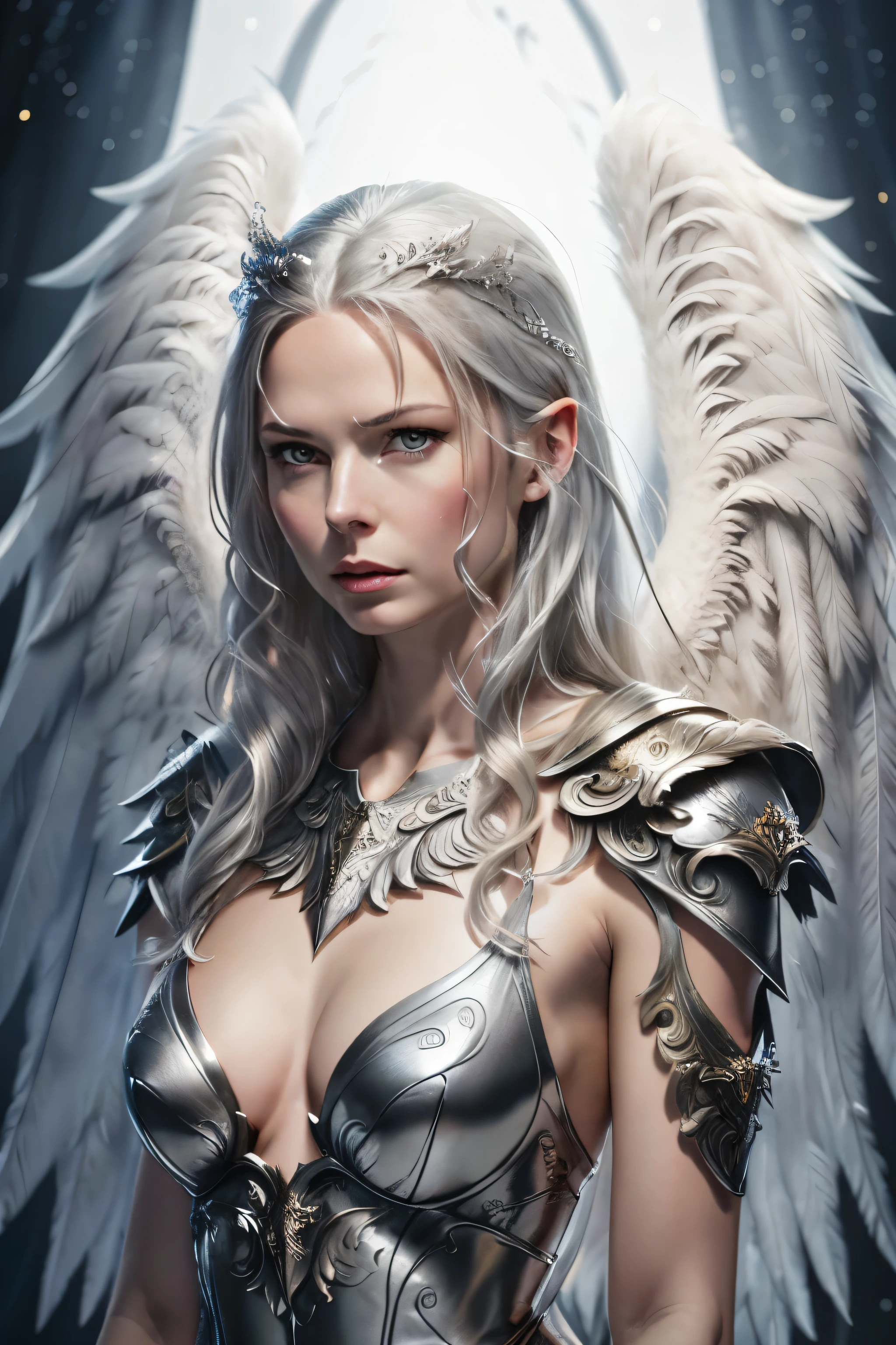 silver haired angel with rebecca ferguson face, silver eyes, grey feathered angel wings, wearing revealing golden armor, slim, lithe, small breasts, sad, pensive, dark background