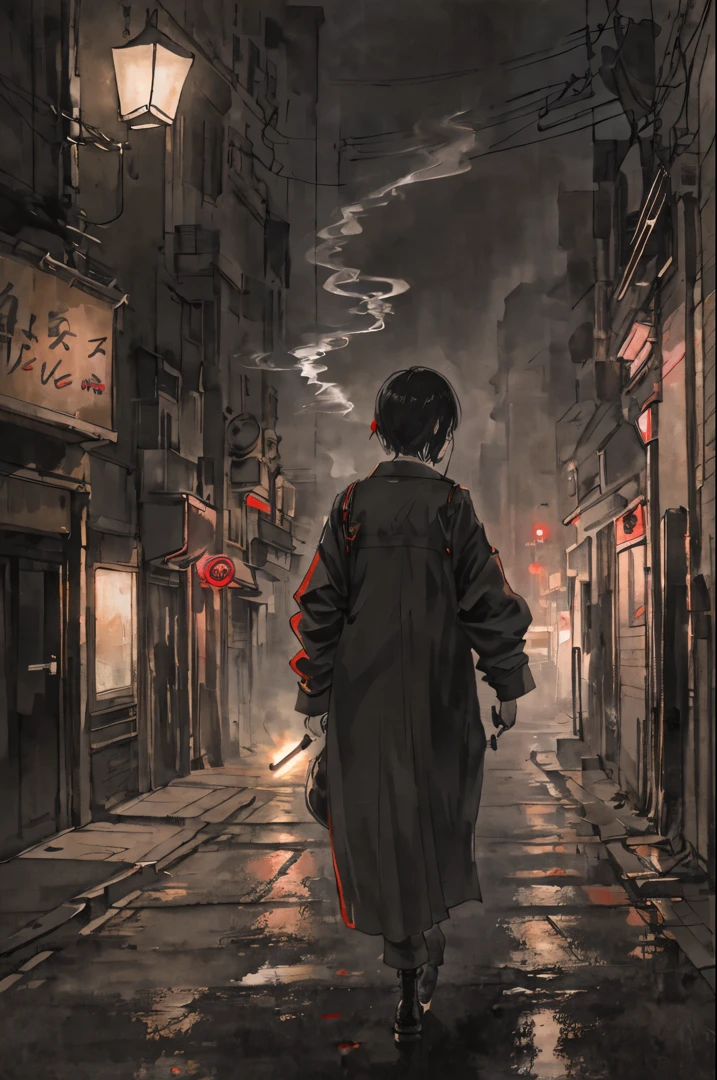 murky、walking down the street with a guitar on my back、woman smoking cigarette、Dark atmosphere、
