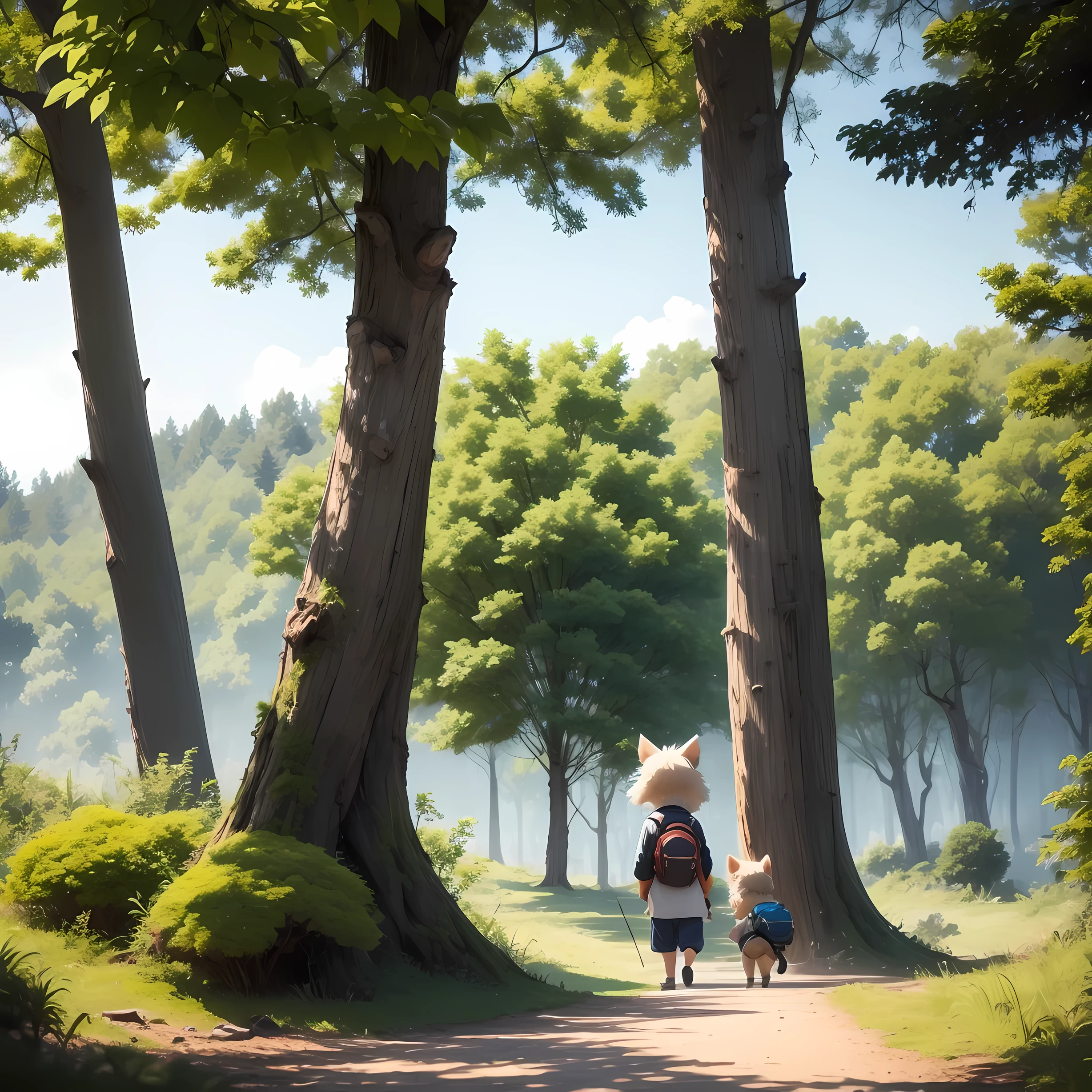 Un jeune garçon et une jeune fille furry mangent dans la forêt. Ils font du camping. Ils ont une tente. La tente est blanche. Les arbres de la forêt sont verts. Beaucoup d'arbres et de fleurs. L'ambiance est paisible et joyeuse. Le garçon et la fille rigolent en faisant du camping. style : mignon, Anime, manga. Couleurs : vert, rose, bleu, rouge. qualité : 8k. Illustration détaillée et mignonne. Inspirée par les images du Studio Ghibli. Inspirée par Dofus. Inspirée par le Château dans le ciel. ambiance : paisible, Lo-fi, nature luxuriante, Anime, manga. journée. tranquille. nature. arbre. camping in the wood. perdu. lever du soleil. Asie. Japon. Fanart. camp. arbre. amusement. Garçon et fille. Anime. poilu.