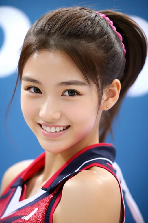 top-quality、masterpiece、hight resolution、4K、real 18 year old woman、Volleyball Costumes、a smile、Hairstyle is ponytail、1girl in、