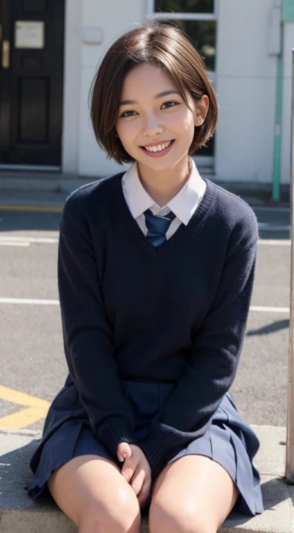 1Girl,((School uniform slush,light grin smile, Sitting,exteriors,Short hair