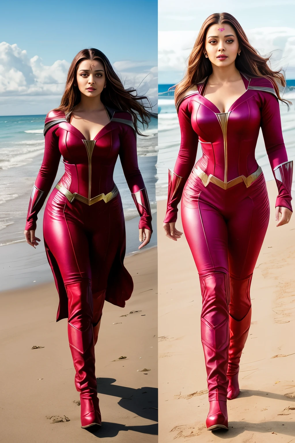 Aishwarya rai as ((scarlet witch)) superhero, full body image, knee high boots, maroon bodycon scarlet witch suit, ((athletic curvy figure)), open hair, posing in beach, sunny day scene, hourglass figure, perfect breasts, look at camera, 50 yo, soft volumetric lights, intricate details, (ArtStation:1.2)