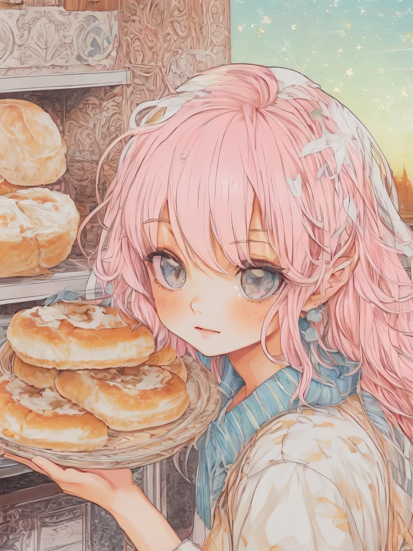 (masutepiece, Best Quality), beautiful bread thief、profile、Clean hair ornament, enticing, big gorgeous eyes, (Detailed eyes, Eyes Like Gems, Sparkling eyes:1.3) , Soft smile, perfect slim fit body, Pink sky, (plein air), Bright colors, (Risograph)