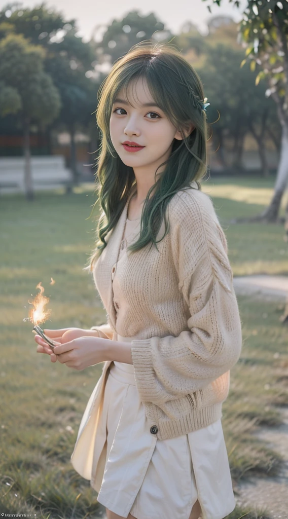 1 girl, Alone, hair adornments, Green hair, dual horsetail, long whitr hair, a skirt, Eau,, medium shot portrait photo (Mount Faro) Influence from Genshin Impact,, dark fantasy background, Charming giggle., Photography by Greg Rutkowski and Walt Disney,hyper realisitc、highly detailed、复杂、Realistic simulation style photos,The eyes are sharply focused, 电影灯光,, , ,hyper HD, HighDynamicRange, 8K