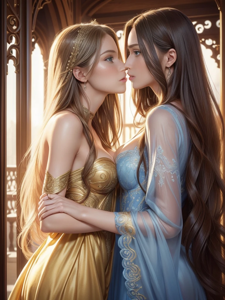 (best quality:1.2,ultra-detailed,photorealistic:1.37),beautiful woman,blue eyes,(elegant,long-flowing,flowy:1.1) hair,sexy, golden ratio, intricate details, natural beauty, vibrant colors, soft lighting, horny for you, wants you, (2girls, kiss, eye contact:1.2).