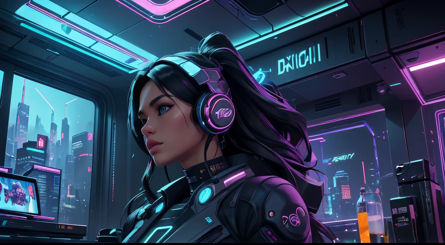 Best image quality, Masterpiece, Ultra-high resolution, (Fidelity:1.4), Photo, Movie, ((cyber punk perssonage)), cyber outfit,wearing headphones, Futuristic, ((Award-winning ultra-realistic photos)),(Hyper-detailing),(Complicated details),(High resolution CGI artwork 8k),a girl with headphoneuturistic cyberpunk living room/Bedrooms/kitchens/terrazzo,Detailed cyberpunk cityscape。Futuristic style,There are many colors and LED lights。The cityscape should be very detailed,depth of fields。Create depth with atmospheric lighting,Wide-angle lens showing rooms and windows。Use atmospheric and volumetric lighting to enhance cityscape detail。The room should be illuminated by the neon lights of the cityscape, Pastel textured colored background, Colourful, vibrant