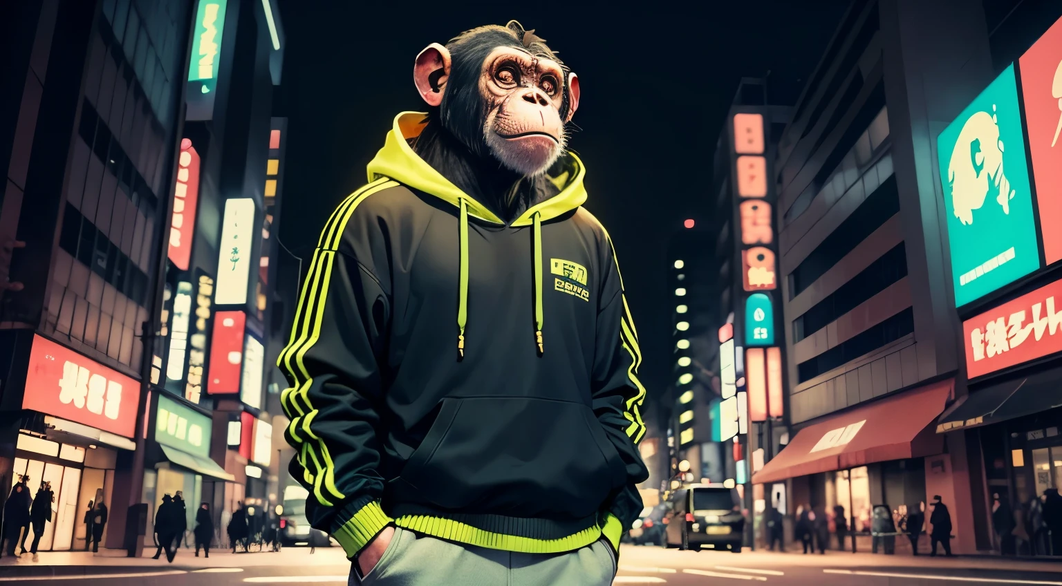 chimpanzee wearing sweater and sweatpants in tokyo, neon city