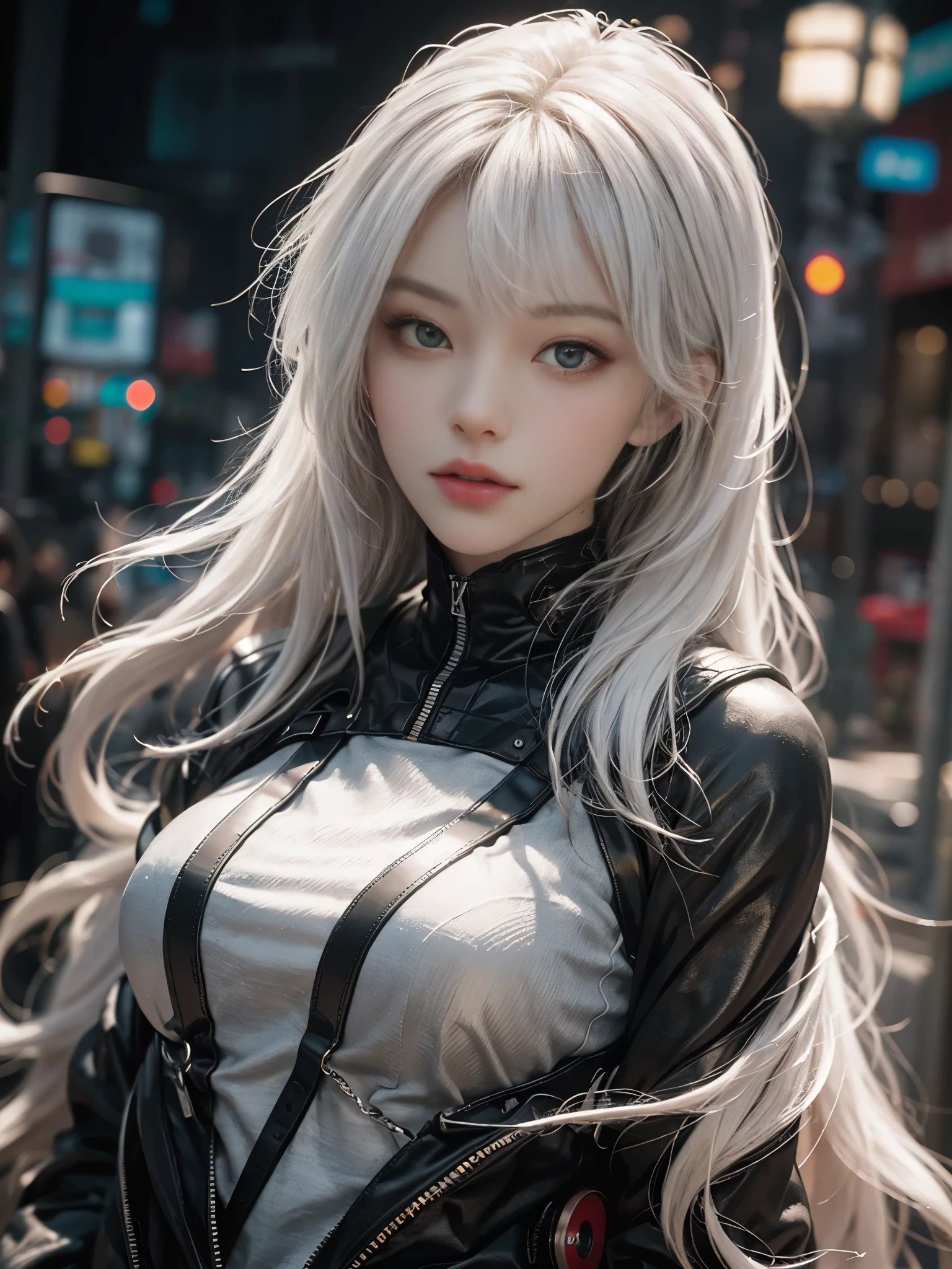 Close-up of woman with white hair and white mask、beautiful character painting、guweiz、Guweiz style artwork、white haired god、Jan J、epic exquisite character art、Stunning character art、Fanchy、Uzunsifan、guweiz from pixiv art station,Faces of reality,Real people,Photo Quality,An image of a real person captured by a camera,Shoot from the waist up,Futuristic cyber city in 3500 AD,