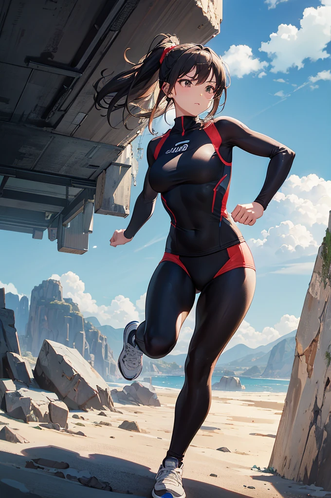 High quality, High resolution, Anime style, Earthy tones, Top-down angle, Full body, Training stance, Young woman, Good lighting, None, Not specified, Standing on one leg, Stern expression, Enduring intense training, wear judo uniform, Training attire, Smooth skin texture, Covered by training attire, Average bust size, Young age, Average body type, Not specified, Cliff edge, Intense training environment, Wind blowing, Not specified, Not specified, Clear weather, Daytime, Intense training atmosphere, precipitous cliff, (The background is rich and delicate)