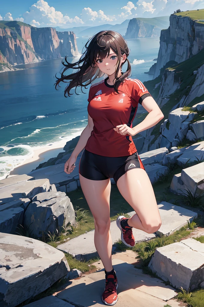 High quality, High resolution, Anime style, Earthy tones, Top-down angle, Full body, Training stance, Young woman, Good lighting, None, Not specified, Standing on one leg, Stern expression, Enduring intense training, wear judo uniform, Training attire, Smooth skin texture, Covered by training attire, Average bust size, Young age, Average body type, Not specified, Cliff edge, Intense training environment, Wind blowing, Not specified, Not specified, Clear weather, Daytime, Intense training atmosphere, precipitous cliff, (The background is rich and delicate)