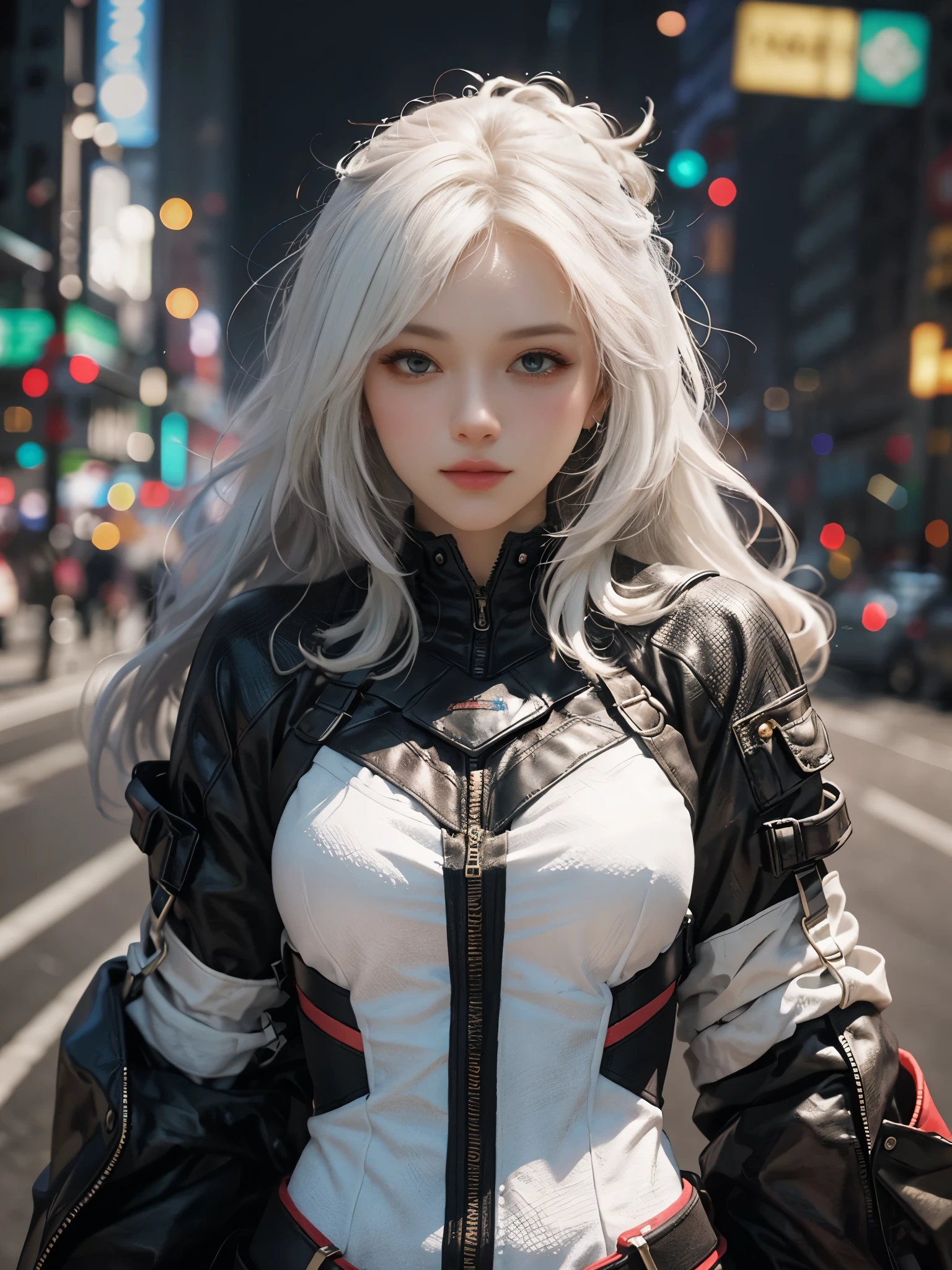 Close-up of woman with white hair and white mask、beautiful character painting、guweiz、Guweiz style artwork、white haired god、Jan J、epic exquisite character art、Stunning character art、Fanchy、Uzunsifan、guweiz from pixiv art station,Faces of reality,Real people,Photo Quality,An image of a real person captured by a camera,Shoot from the waist up,Futuristic cyber city in 3500 AD,