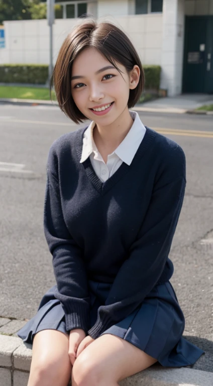 1Girl,((School uniform slush,light grin smile, Sitting,exteriors,Short hair