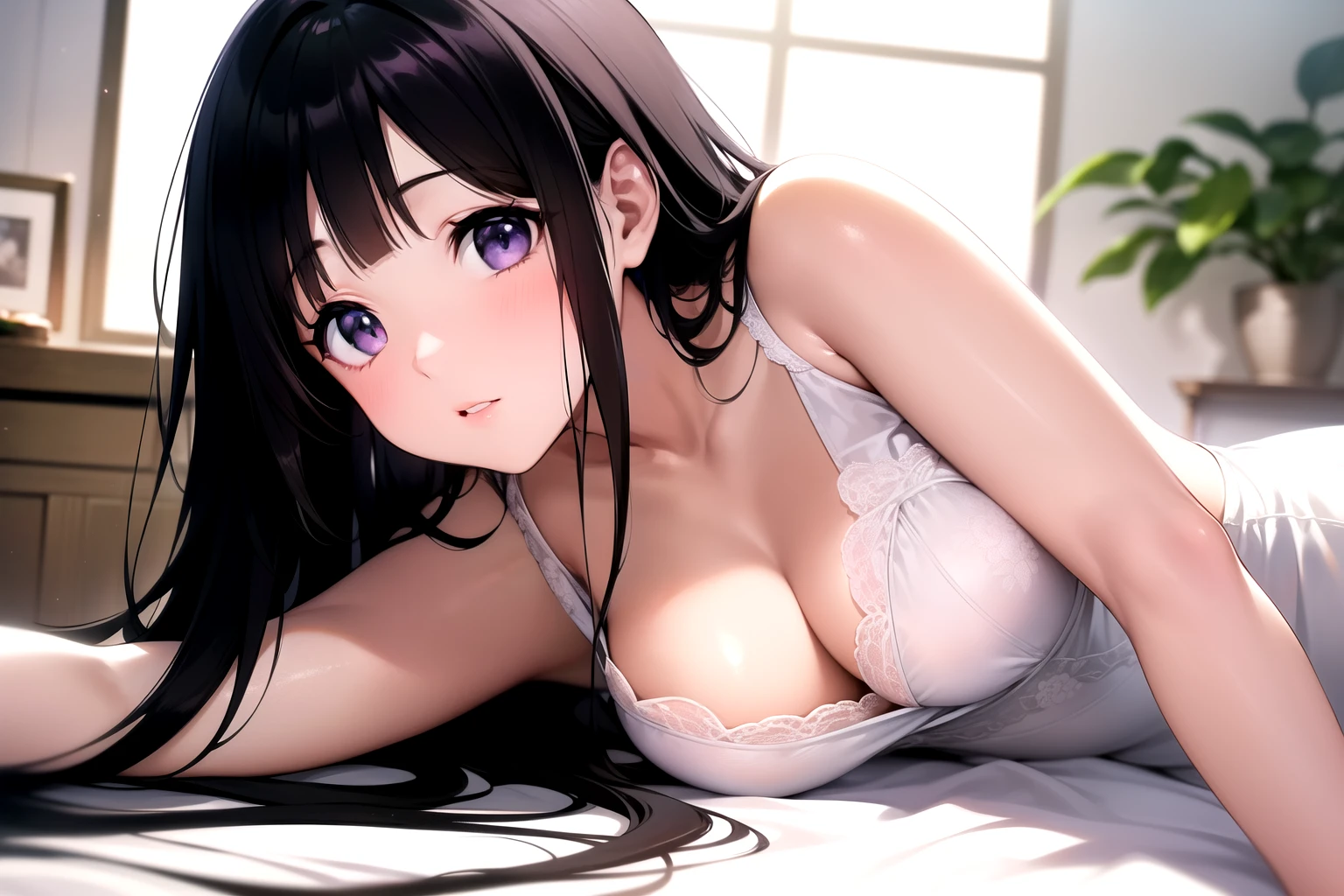 (A superb exquisite Chitanda Eru), (mature face), ((white background)), purple eyes, long black hair, natural straight hair, straight bangs, solo, [Small_breasts: large_breasts: 0.5], normal breasts, ((lying on her side, indoor)), extremely delicate, peerless beautiful girl, dreamy quality, exaggerated facial features, solid color, delicate face, bright lips, slender waist, straight curves, soft lights and shadows, super fine, 8K HD, (masterpiece:1.4), (finely detailed beautiful eyes: 1.2)