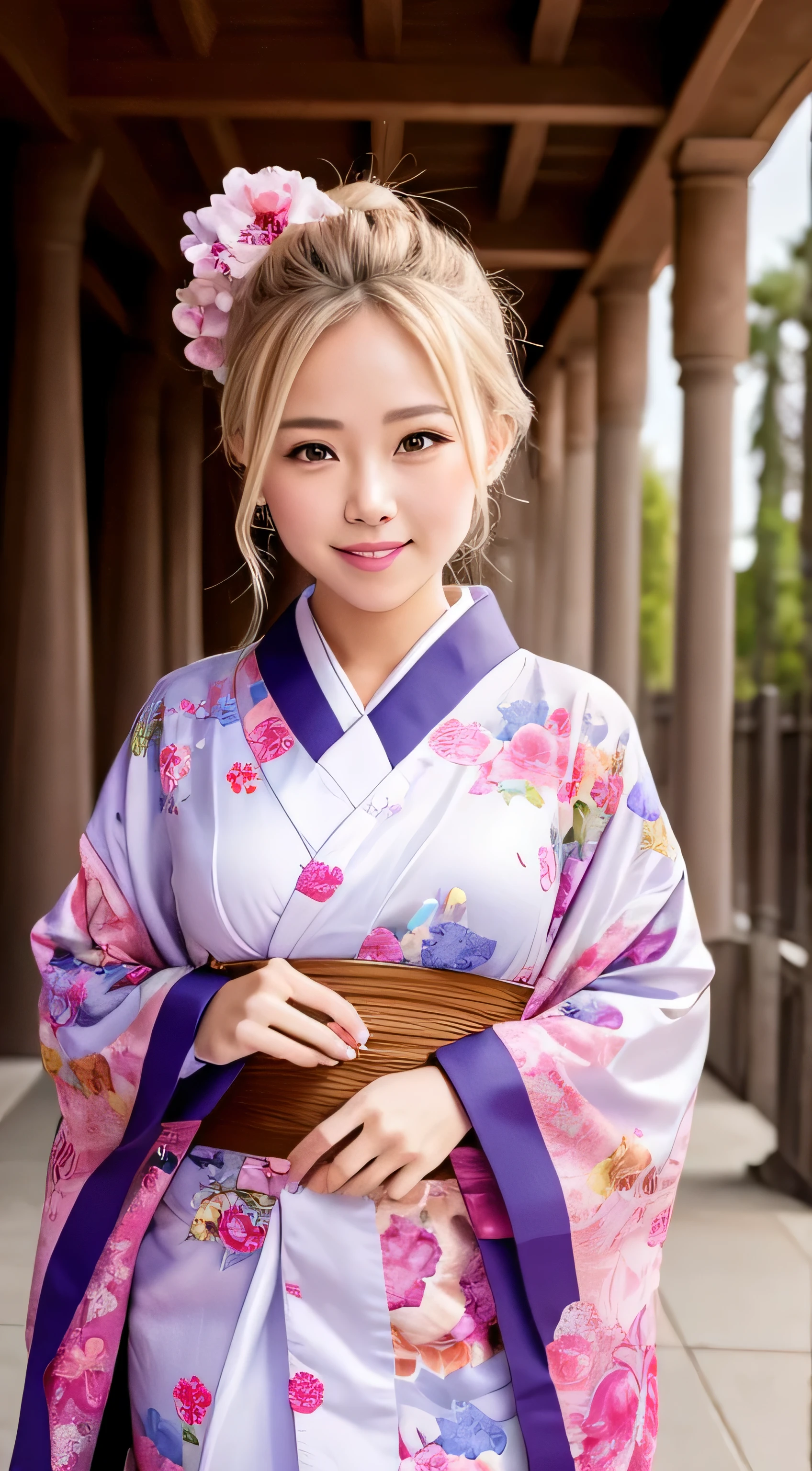 high resolution、 beautiful Woman （Dasha Taran）、Thoughtful expression、Clear photos、Realistic photos、Blonde Hair、Blue Eyes、Smiling kindly at the audience、High resolution、Dynamic Movement、Highly realistic photos、Extremely detailed depiction、The body is wet、nice smile、Kyoto cityscape、Fashionable kimono、Oiran、Cleavage、Small breasts