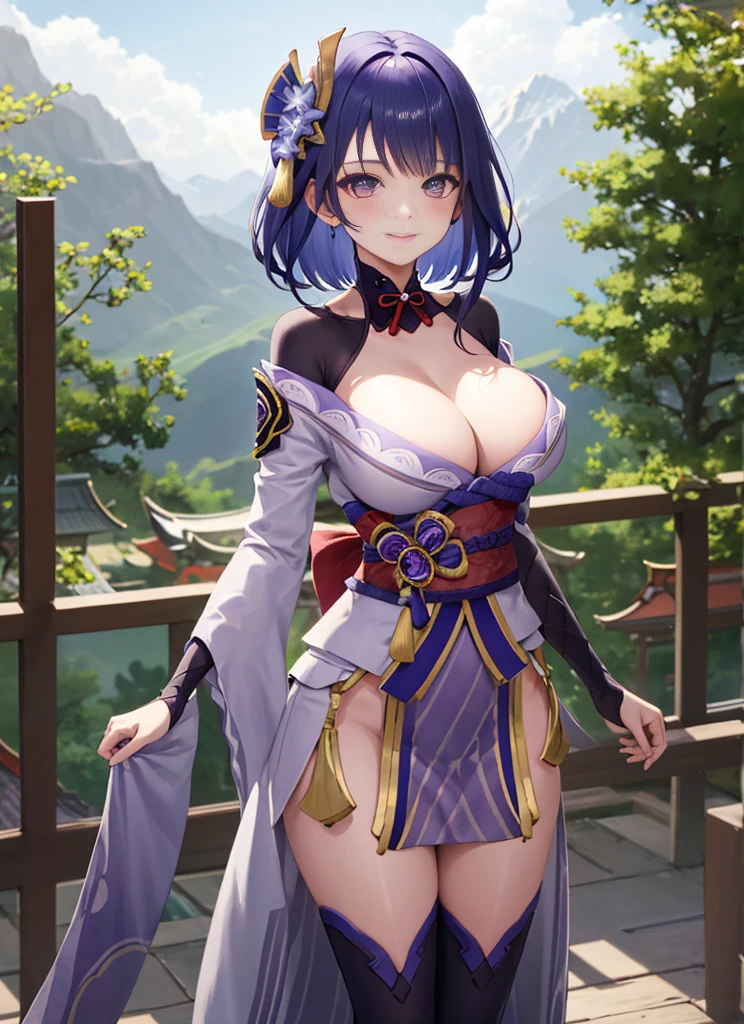 Raidensögundef, upper-body, Smile, blusher, exteriors, Day, Background, blue skye, Short hair, skye, temple, looking a viewer, ladder, mountain, moody lighting, facing viewer,a beautiful woman is sunbathing with her back to us, she is not wearing any clothes. 4 breast size