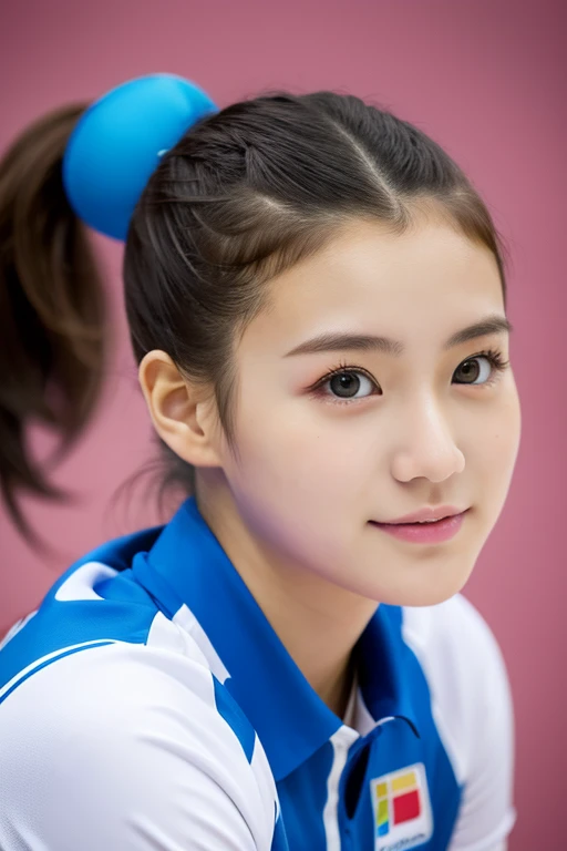 top-quality、masterpiece、hight resolution、4K、real 18 year old woman、Volleyball Costumes、Puku Face、Hairstyle is ponytail、1girl in、
