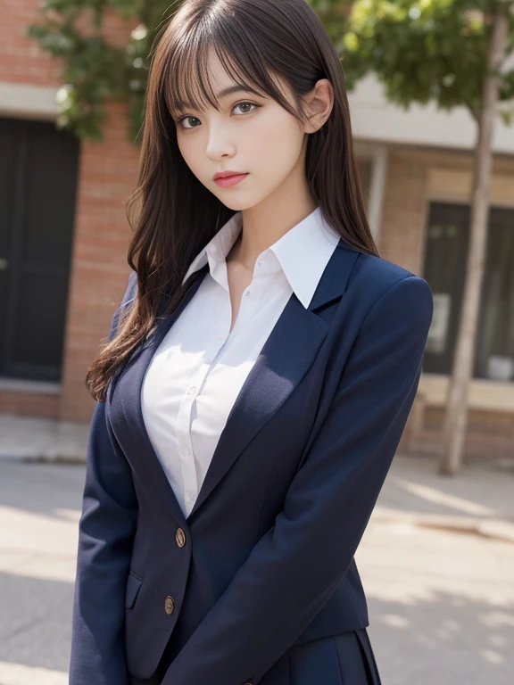 masutepiece, Best Quality, Illustration, Ultra-detailed, finely detail, hight resolution, 8K Wallpaper, Perfect dynamic composition, Beautiful detailed eyes, Natural Lip,Blazer ,School uniform, Big breasts, Full body,You can see the chest