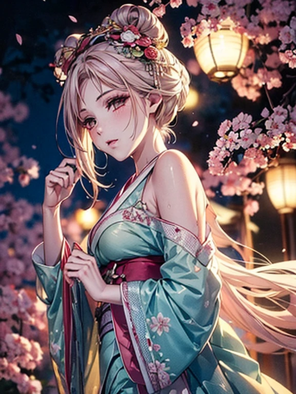 loose outfit、Show shoulders、壊れたsee -through着物の着方、Decorated with intricate patterns and bright colors、Transparent material that makes the skin shine、Artistic depiction of seductive woman in kimono with wet thin cloth and transparent skin, 流れるような絹のような伝統的なsee -through肌を持つ花柄で幻想的なパターン。Her dress draped elegantly around her curvaceous figure、Emphasizes her charming silhouette。She's a gentle fireworks night、Dynamic Posing、A sexyポージング、bathed in the soft glow of moonlight。The scene is、With a hint of mystery and sensuality、It exudes an ethereal dreamy atmosphere。The image style is、Incorporates a blend of watercolor and digital illustration techniques.、It makes you feel delicate beauty and charm。Soft moonlit lighting、Cast gentle highlights and shadows on her mesmerizing features。Dynamic Posing、Bold poses、The hand is somewhere、see -through、show through、A sexy、On the waterぬれて hair、On the waterぬれて、petals under the cherry blossoms、cherryblossom、The cherry tree、Sakura blizzard、buried、Transparent skin、On the waterぬれて clothes、Chest Pulling、Translucent clothes、On the water、