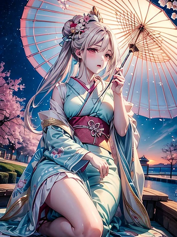 loose outfit、Show shoulders、壊れたsee -through着物の着方、Decorated with intricate patterns and bright colors、Transparent material that makes the skin shine、Artistic depiction of seductive woman in kimono with wet thin cloth and transparent skin, 流れるような絹のような伝統的なsee -through肌を持つ花柄で幻想的なパターン。Her dress draped elegantly around her curvaceous figure、Emphasizes her charming silhouette。She's a gentle fireworks night、Dynamic Posing、A sexyポージング、bathed in the soft glow of moonlight。The scene is、With a hint of mystery and sensuality、It exudes an ethereal dreamy atmosphere。The image style is、Incorporates a blend of watercolor and digital illustration techniques.、It makes you feel delicate beauty and charm。Soft moonlit lighting、Cast gentle highlights and shadows on her mesmerizing features。Dynamic Posing、Bold poses、The hand is somewhere、see -through、show through、A sexy、On the waterぬれて hair、On the waterぬれて、petals under the cherry blossoms、cherryblossom、The cherry tree、Sakura blizzard、buried、Transparent skin、On the waterぬれて clothes、Chest Pulling、Translucent clothes、On the water、