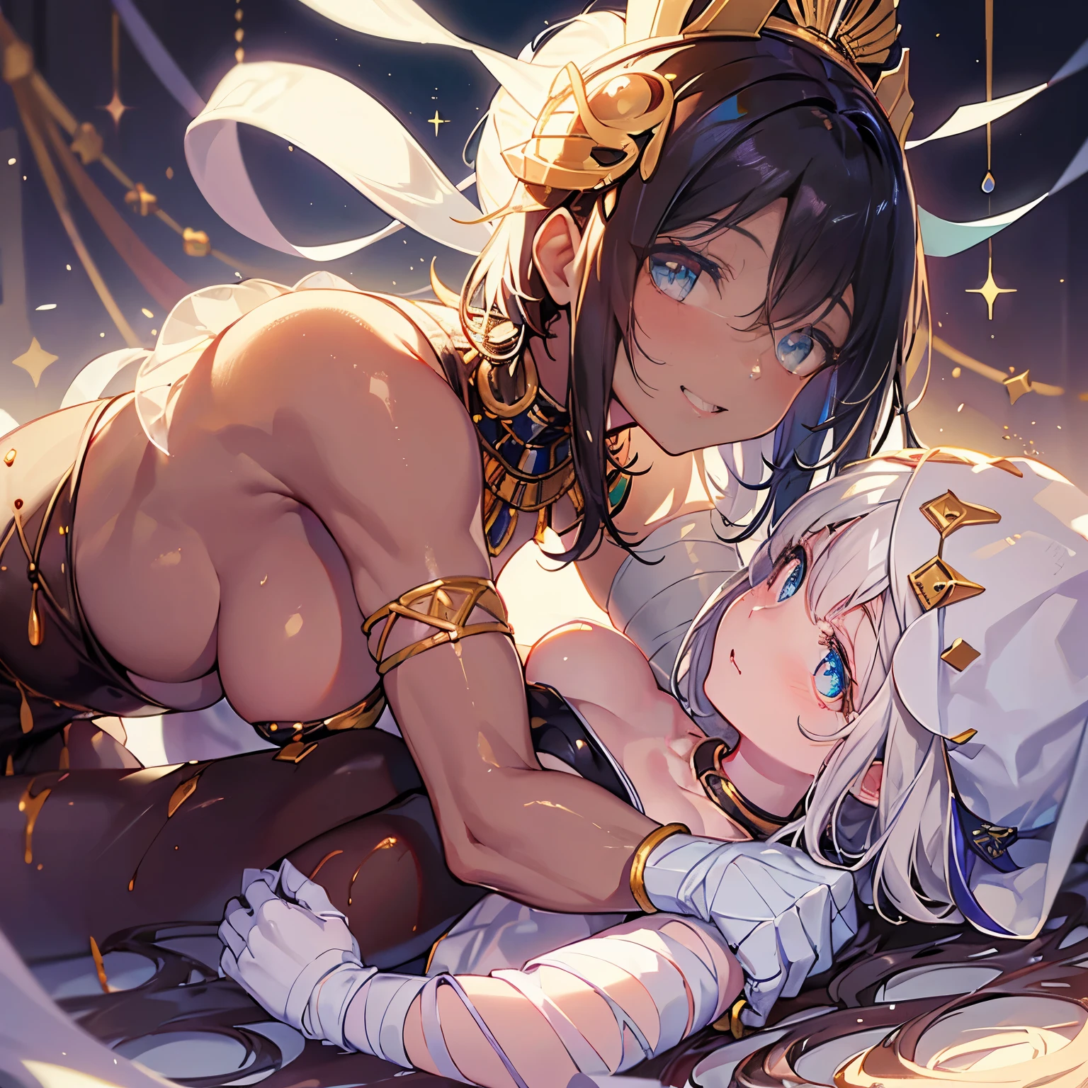 (masutepiece:1.2, Best Quality), (Best Illumination, extremely delicate and beautiful), 1 girl, smile, sparkling navy blue eyes, (black hair:1.5) ,Cute woman with short baby face, bandaged, small stature, small breasts, Full body, (finely detailed beautiful eye: 1.2), (beautifull detailed face),Extremely colorful,Colorful,Ancient Egyptian mummy beauty,Beautiful woman wrapped in bandages,Bandages all over the body,(choco skin:1.5),