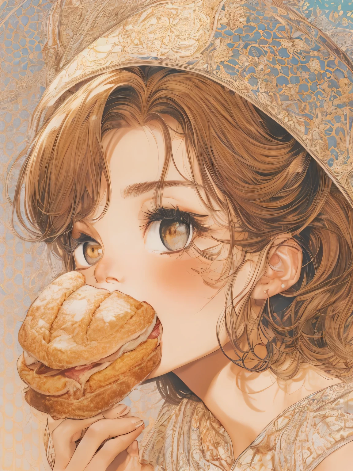 (masutepiece, Best Quality), A girl biting into beautiful bread、profile、Clean hair ornament, enticing, big gorgeous eyes, (Detailed eyes, Eyes Like Gems, Sparkling eyes:1.3) , Soft smile, perfect slim fit body, brown sky, (plein air), Bright colors, (Risograph)