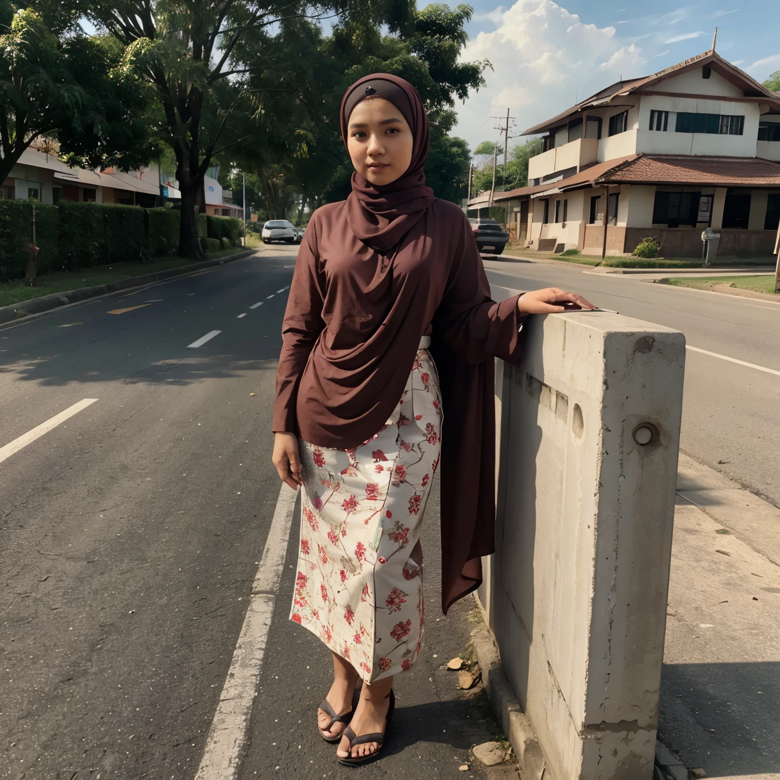 1 malay girl, wearing hijab, at roadside, iphone camera, detailed skin, wearing traditional malay attire, full body, standing